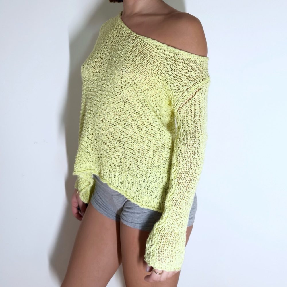 Aritzia taluluh yellow slouchy off the shoulder long sleeve open knit sweate